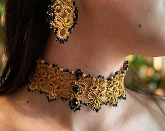 Gold Tatting Lace Choker, Gothic Victorian Lace Necklace, Handmade Beaded Statement Collar, Custom Jewelry