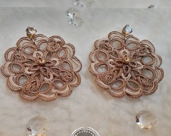 Mandala Birdal Lace Beige Earrings, Tatting Chandelier Earrings, Lace Earrings, Beige Statement Earrings, Frivolite Jewelry, Boho Earrings