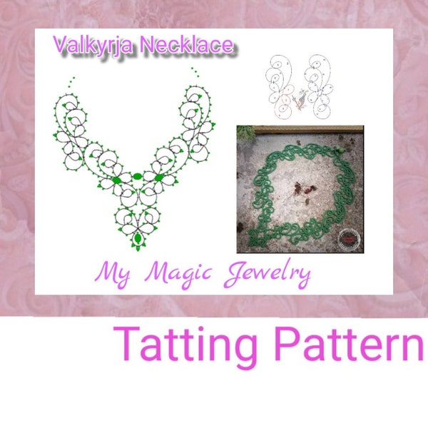 Motif de collier tatoué, collier inspiré du motif dentelle Valkyrja, motifs frivolité avec aiguilles, motif frivolite navette, motif dentelle frivolité