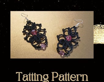 May include: A pair of black tatting earrings with pink beads. The earrings are in the shape of a flower and have a delicate, intricate design. "Tatting Pattern" is written in gold letters below the earrings.