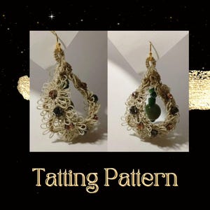 May include: A pair of beige crocheted earrings with a green stone bead in the center of each earring. The earrings are hanging from gold hooks. The text "Tatting Pattern" is written below the earrings.