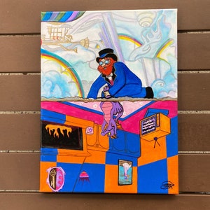 May include: A colorful painting on canvas featuring a man in a blue suit and top hat, a purple dragon, and a checkered floor. The background is a whimsical scene with clouds, rainbows, and a flying machine.