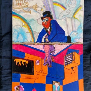 May include: A colorful painting depicting a man in a top hat and blue suit holding a purple dragon. The man is standing on a cloud with a rainbow in the background. The dragon is hanging upside down from a ceiling with a checkered pattern. The painting is a whimsical and surreal depiction of a fantasy world.