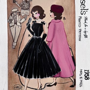 May include: Vintage-style illustration of a woman in a black dress with a microphone, and another in a pink coat. The artwork is labeled "Maisels Printed Pattern 1958 MRS & MISS."