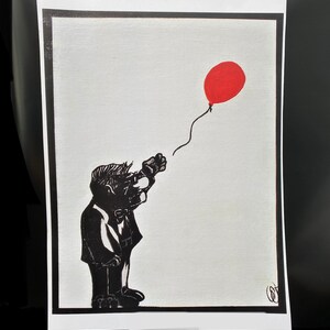 May include: Black and white illustration of a person in a suit releasing a red balloon. The artwork is on a white background with a black border. The balloon is attached to the person's hand by a black string.