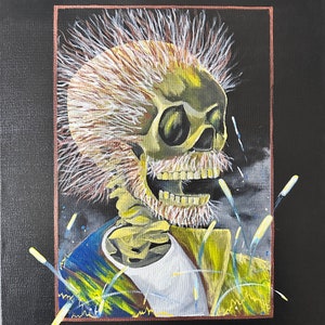 May include: A painting of a skeleton with a yellow and white mohawk hairstyle, wearing a blue and yellow jacket and a white t-shirt. The background is black with white and yellow streaks.