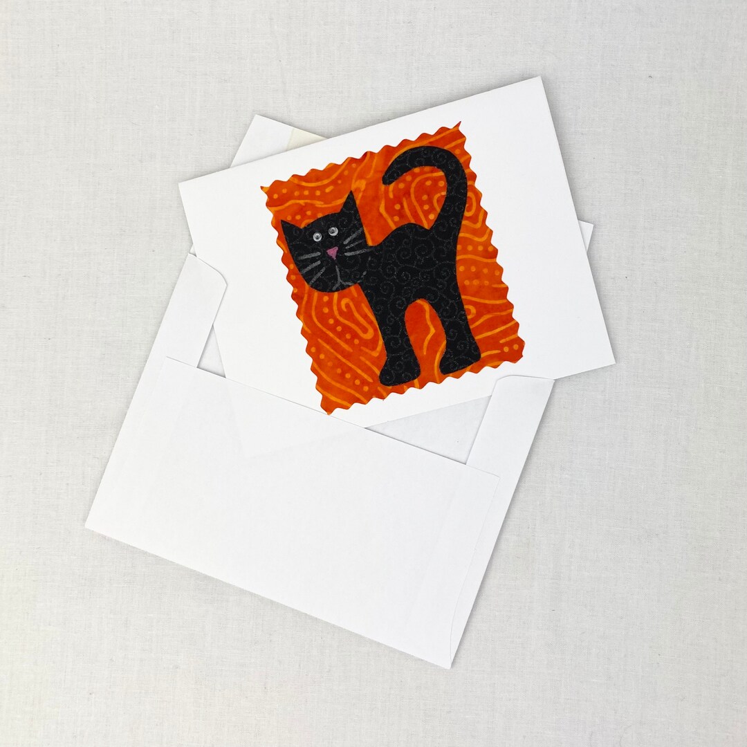 Halloween Cat Card Handmade Fabric Cute Spooky Happy Etsy UK
