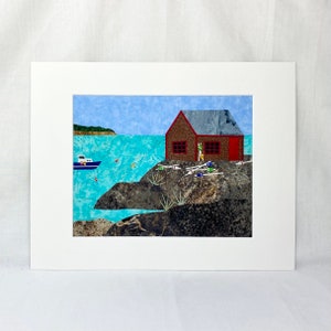 Matted 11x14&quot; Lobster Shack and Ocean Picture Handmade with Fabric