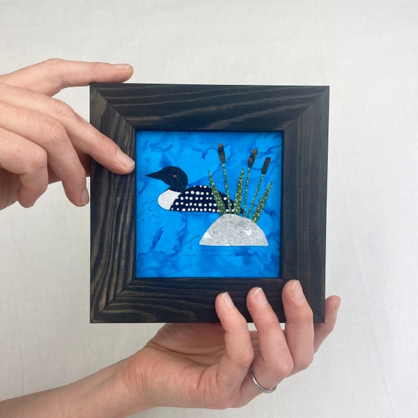 Handmade Loon Fabric Art: Maine Bird Picture, Framed