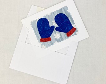 Mitten Card, Handmade, Fabric Cute Holiday card, blank card with envelope, thank you card, christmas card, winter solstice card