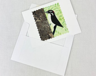 Woodpecker Card, Handmade, Fabric, Cute bird lover birthday card blank card with envelope, thank you card, outdoor card, bird thank you card