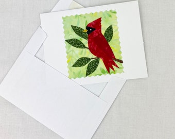 Cardinal Card, Beautiful Handmade Fabric wildlife birthday card, blank card with envelope, thank you card, outdoor card, bird card