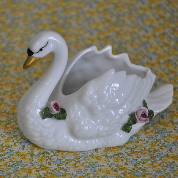 Vintage Gerold - Porzellan Porcelain Swan Vase - Made in West Germany - Pink Roses Floral Flowers - Duck Bird - Small White Vase