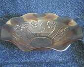 Vintage Carnival Glass Serving Bowl - Jeannette Glass - Iris and Herringbone - Marigold - Orange Floral Flowers