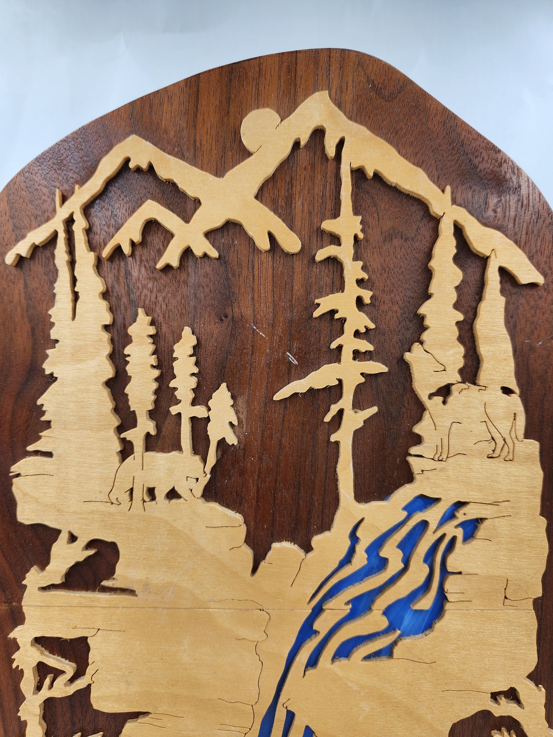 Vintage Rustic Mountain Scene Sign - Carved Wooden Inlay - Featuring ...
