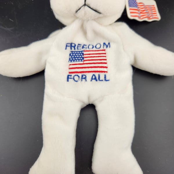 Vintage 8"  Stuffed Plush Bear with the American Flag and Freedom For All on the front - see below for John Quincy Adams quote on the tag