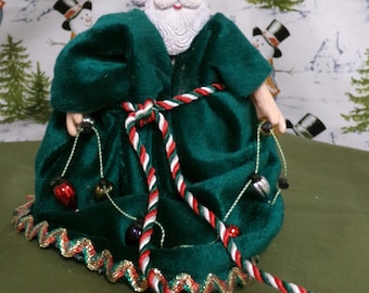 Vintage Santa Claus Doll  - 4.5" Tall with  Resin Head, Hands, Feet and Green Velvet Dress