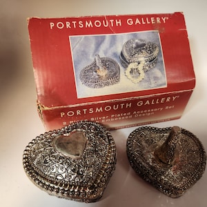 Vintage Silver Plate Accessory Set with Embossed Design - Heart Shaped Ring Holder and Trinket Box with Lid