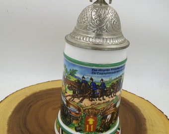 Vintage German Beer Stein with Metal Lid Ceramic Mug Measures 9.5