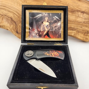 Vintage Collector Folding Pocket Knife featuring Boris Valleio Fantasy Art with Dragon - Wooden case