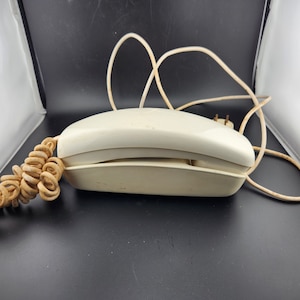 May include: A white rotary phone with a coiled cord. The phone has a white plastic body and a black dial.
