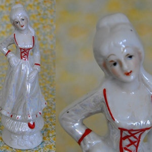 Vintage Porcelain Figurine - White Lady Red Trim - Victorian Dress Floral Base - Woman Female Statue