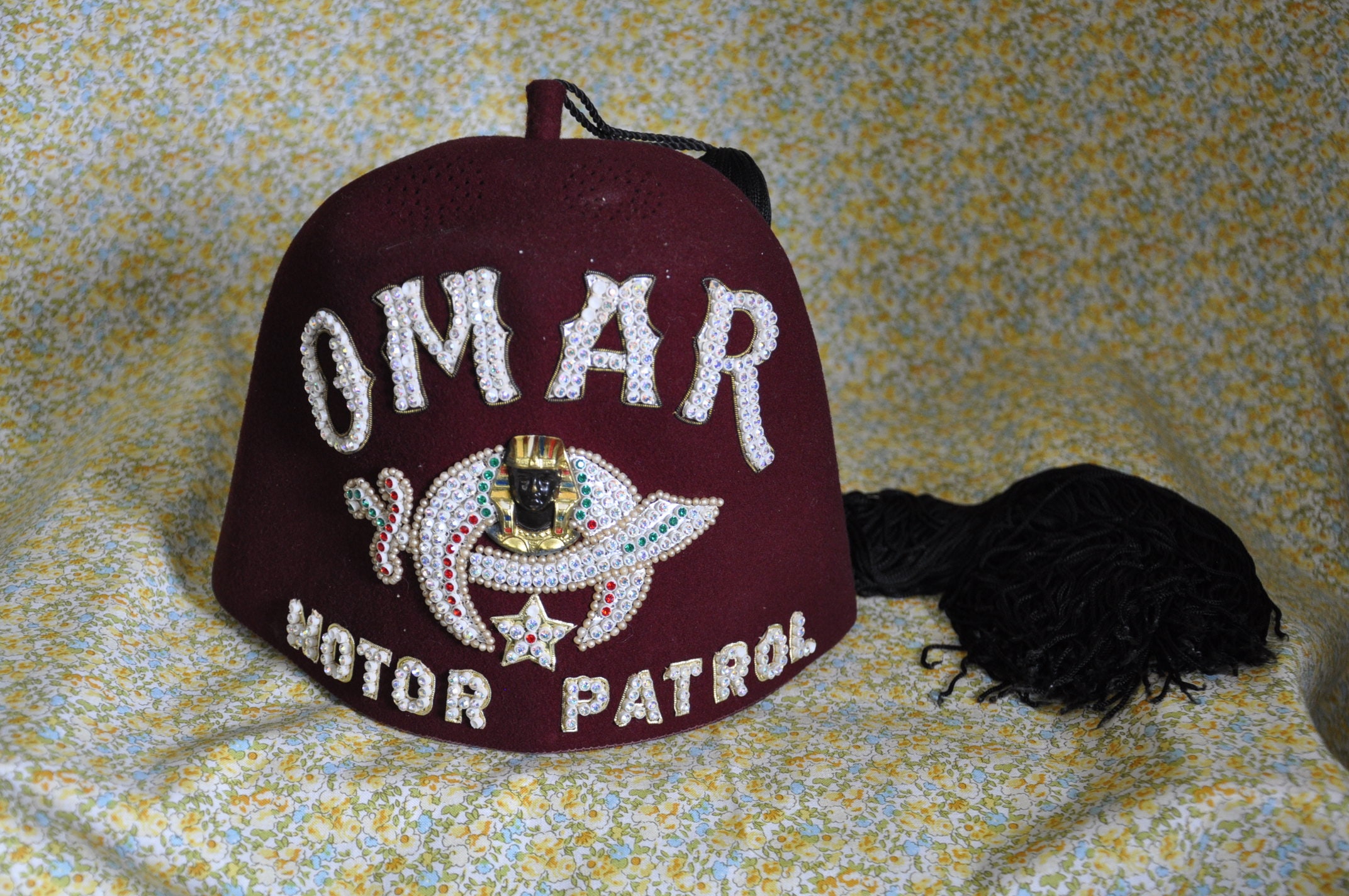 Vintage Jeweled Fez Hat With Tassel - Omar Motor Patrol
