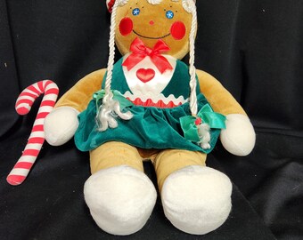 Vintage Plush Christmas Gingerbread Girl from the 1990's for Target Stores - Cute collectible with pigtails - 18" Holding candy cane
