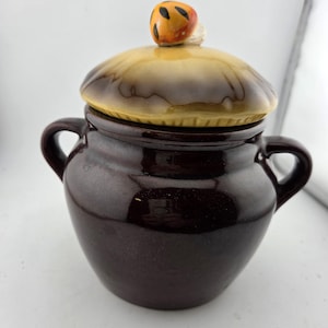 May include: A brown ceramic jar with a lid, featuring a mushroom-shaped knob. The jar has two handles and a glossy finish. The lid is tan and brown, and the knob is orange and black. A decorative kitchen item.