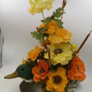 Vintage Plastic Duck with Artificial Flower Arrangement    Height 16&quot; x Length 18&quot;   Retro Kitsch   1970&#39;s