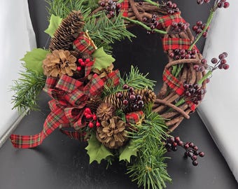 Vintage Grapevine Christmas 10" Diameter Wreath / Plaid ribbon, pinecones, greenery, grapes