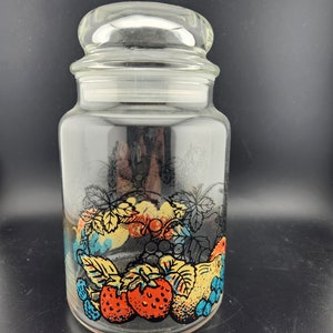 Vintage Glass Canister Jar with Fruit pattern.    7&quot; tall / Sealing Lid