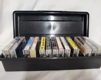 Vintage Cassette Tape Case - Black Plastic / Holds 15 Cassettes / 11 Cassettes, 2 empty cases included AS IS - See list below / 13" x 5"