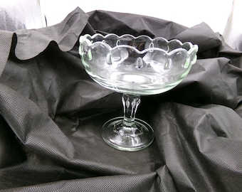 May include: A clear glass pedestal bowl with a scalloped edge. The bowl is on a black background.