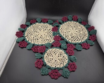 Vintage Decorative Set of 3 Doily / Some SPOTS / Wine Green Beige - Qty 2 Diameter 9" / Qty 1 Diameter 6"