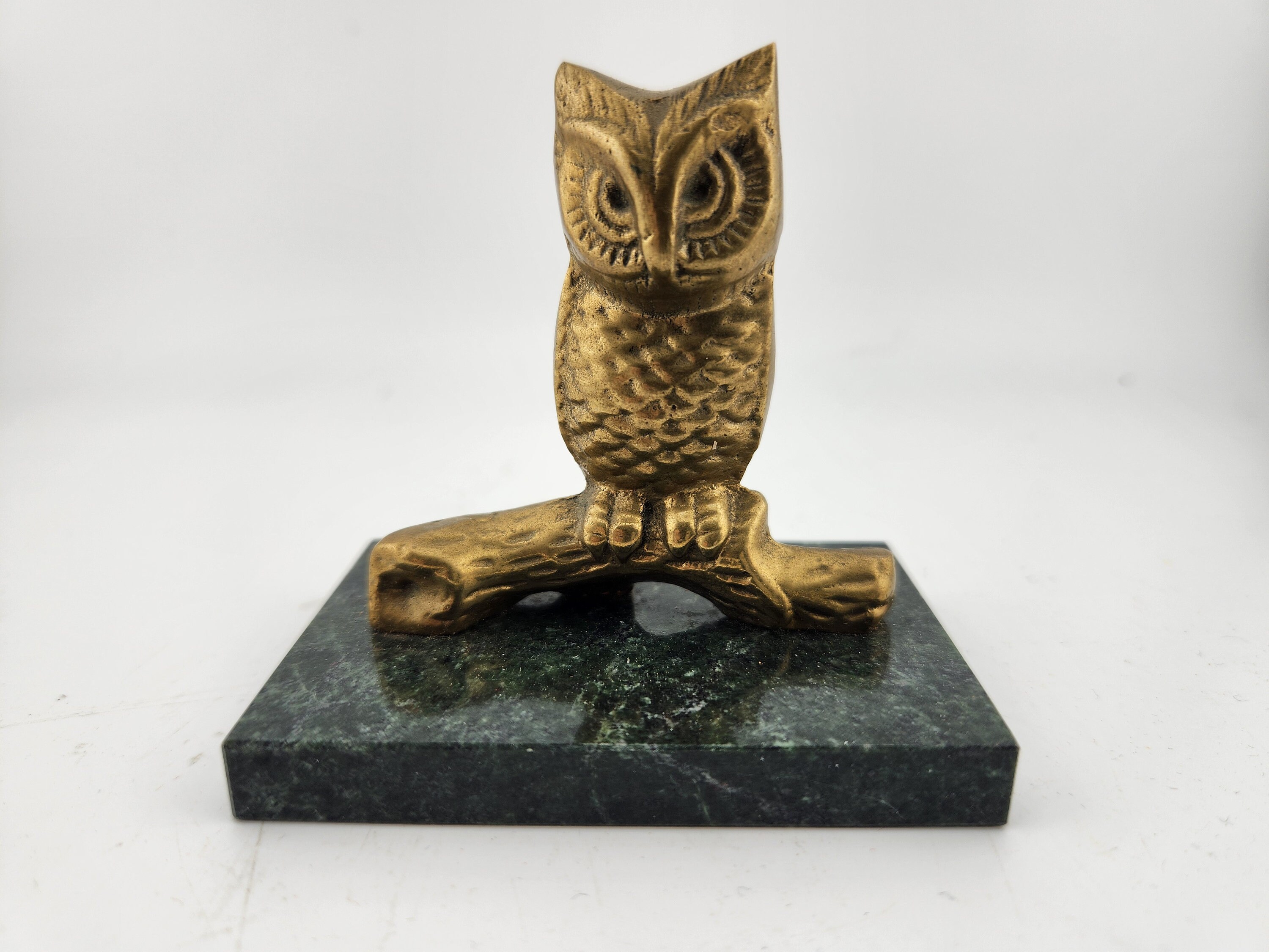 Vintage Brass Owl and Tree Limb attached to a marble base - base is 3" x 2" and height is 
