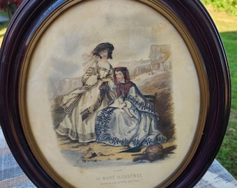 Vintage Oval Glass Frame Print - 12&quot; x 14&quot; - La Mode Illustree Bureaux du Journal 56 Rue Jacob Paris - Pretty French Victorian Ladies