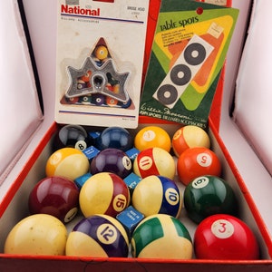 Vintage Complete Set of 15 Aramith Billiard / Pool Balls 2 1/4&quot; in original box plus Chalk, Bridge Head and Table Spots