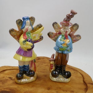 Vintage Set of 2 Male and Female Turkeys in Cute Dress - Thanksgiving Decor    8&quot; height