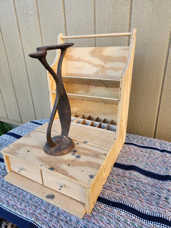 Vintage Mid Century Shoe Shine or Cobbler Station - Base 18 x 15 H-22 / 14 Cubbies / Cast Iron Shoe 14", 2 shelfs and drawers / Bar / 22 lbs View 2