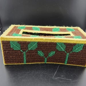 Vintage Handmade Yarn and Plastic Canvas Tissue Box Cover - Kleenex - Brown with Yellow Trim, Green Leaves  Fits box 10" x 4.5" / 3.5" Tall