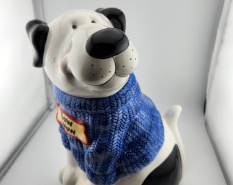 Vintage Mercuries Bow Wow Dog Cookie Jar - Black and white dog wearing a blue sweater  10.5" Tall