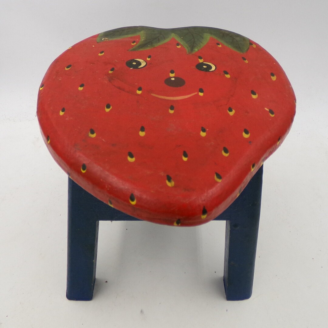 Vintage Painted Wooden Strawberry Shaped Stool With Blue Legs Etsy