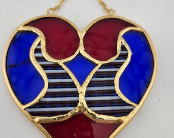 Beautiful Vintage Stained Glass Heart Suncatcher with pretty gold chain and trim /   Approximately 4" x 5" hanging height