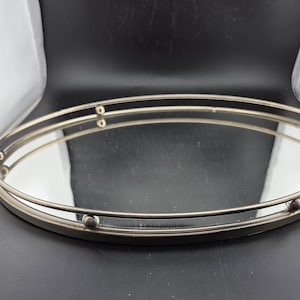 Vintage Mirror Vanity Tray MISSING ONE round edge ball / Oval 13" x 8"  Brass edges.  For perfume bottles and other bath items.  Mid century