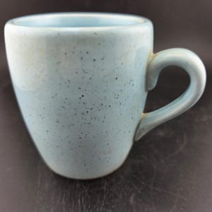 May include: A light blue ceramic mug with a rounded body and a curved handle. The mug has a speckled texture and a smooth, glossy finish. The interior is a lighter shade of blue.