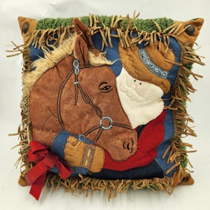 Vintage 14" x 14"  Plush 3D Equine Pillow with Fringe - Cute Horse / Pony with a man, possibly Santa Claus