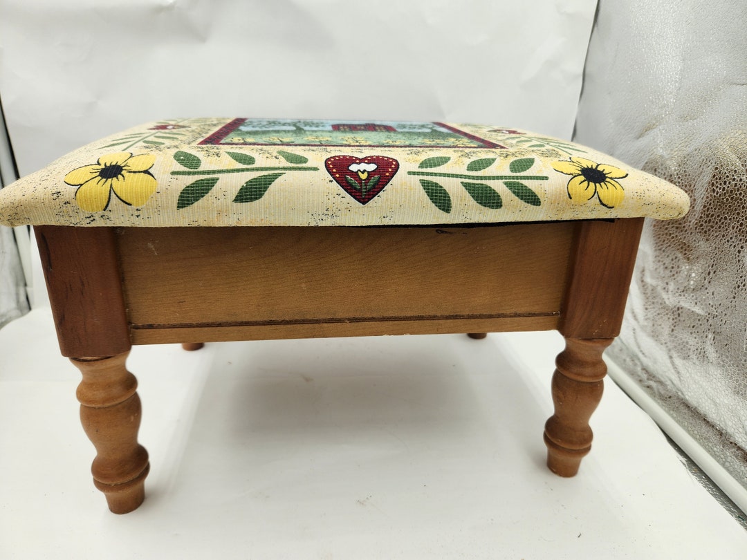 Vintage Wooden Foot Stool With Vintage Material Over the Cushion With ...