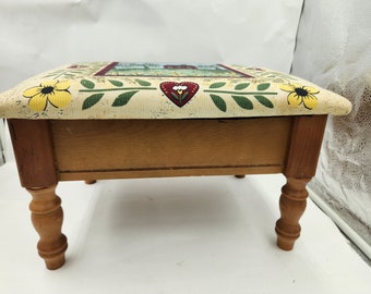 Vintage Wooden Foot Stool with vintage material over the cushion with hinged lid and storage space / hears, flowers, house, trees