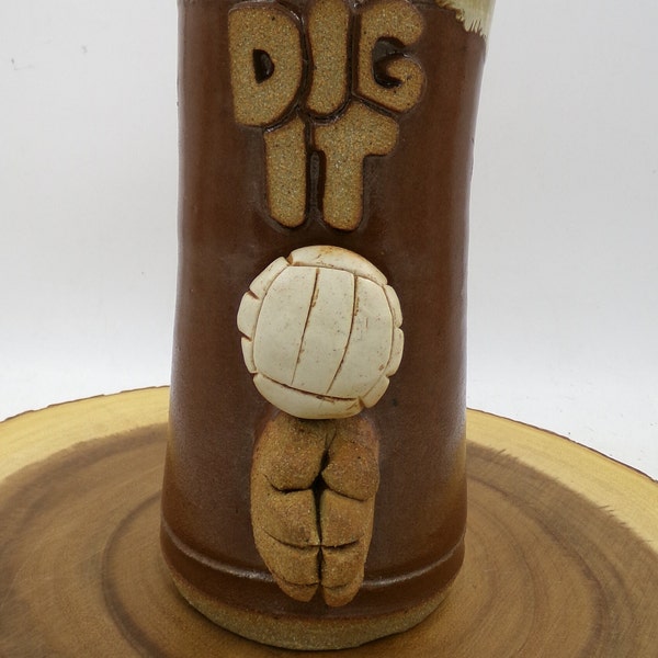 Vintage Pottery Mug that says DIG IT - Volley Ball Featured   Height 7"   3.25" Diameter